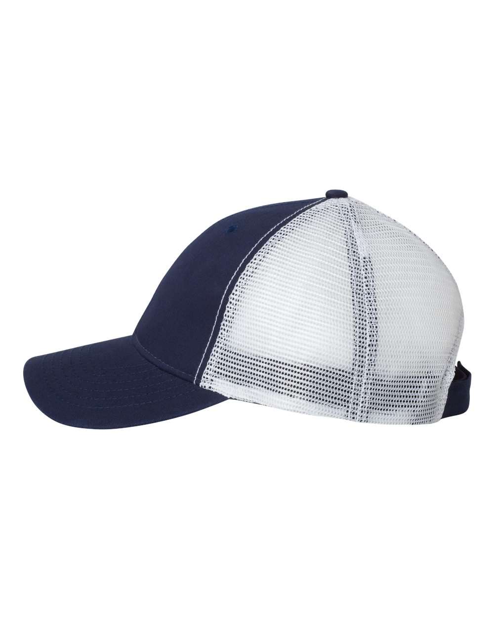 Left View of Navy/ White Bio-Washed Trucker Cap - AH80