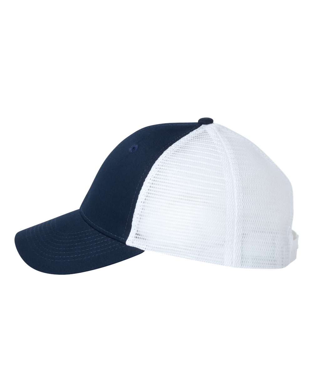 Left View of Navy/ White Mesh-Back Twill Trucker Cap - VC400