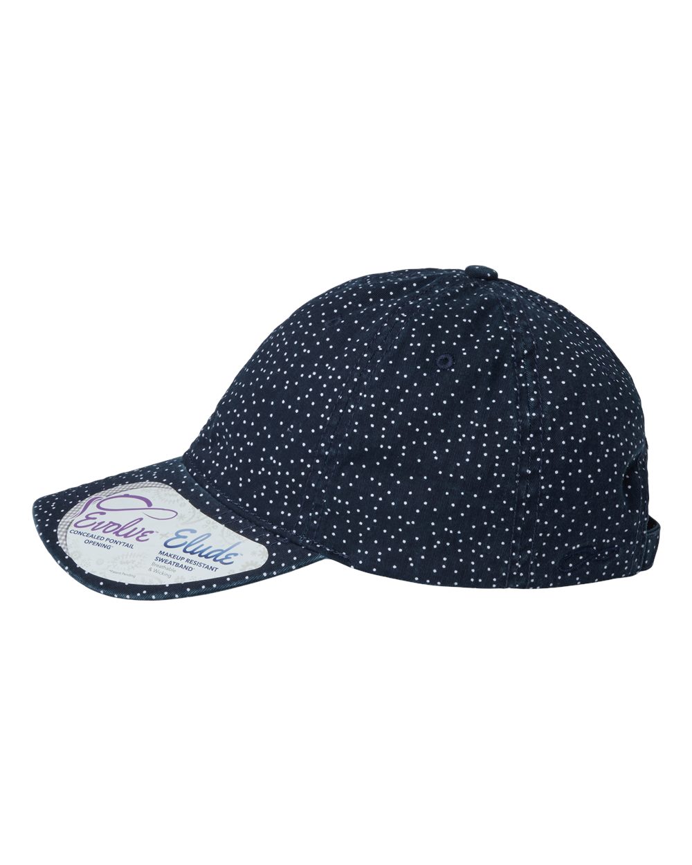 Left View of Navy/ White Polka Dots Women's Garment-Washed Fashion Print Cap - HATTIE