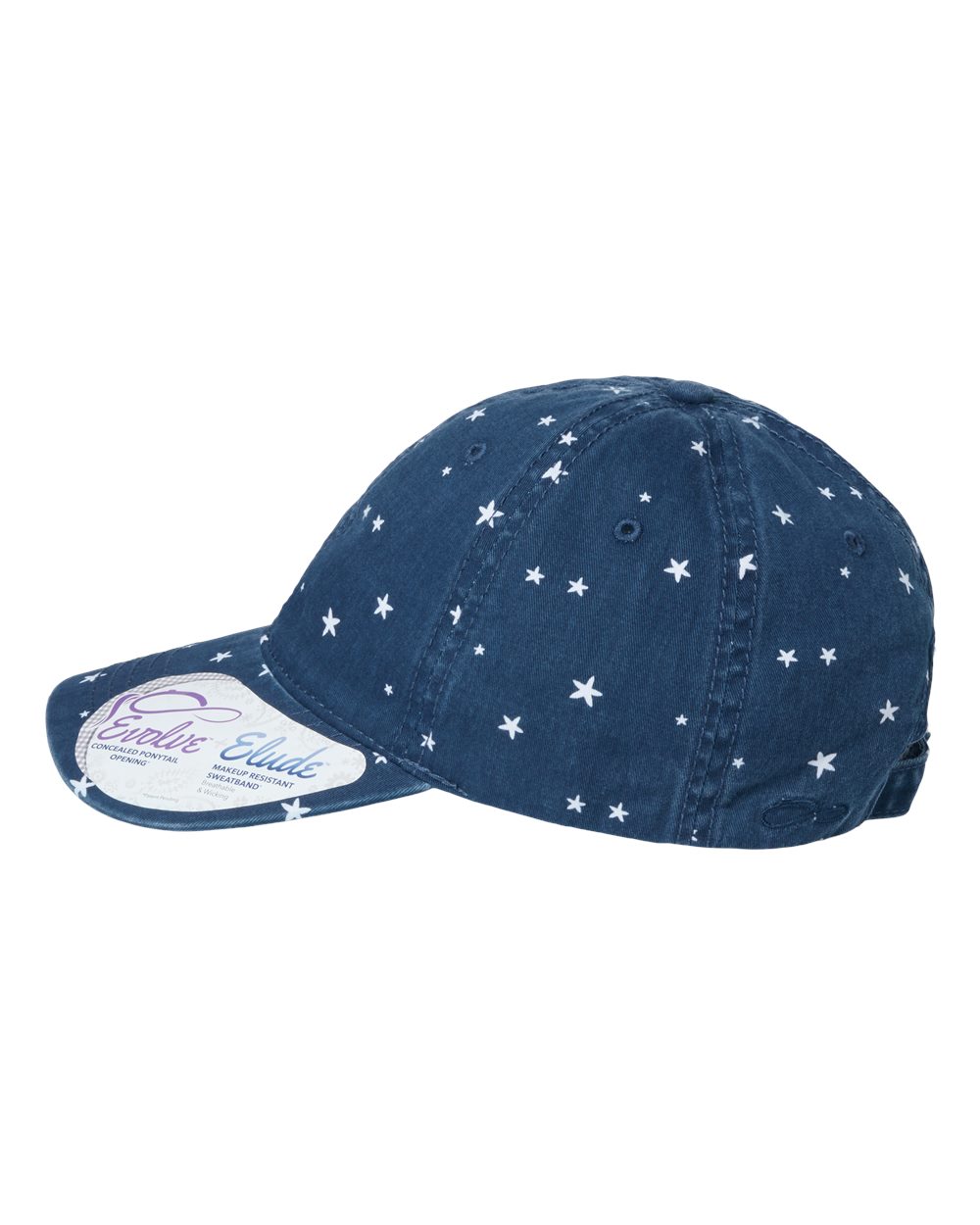 Left View of Navy/ White Stars Women's Garment-Washed Fashion Print Cap - HATTIE