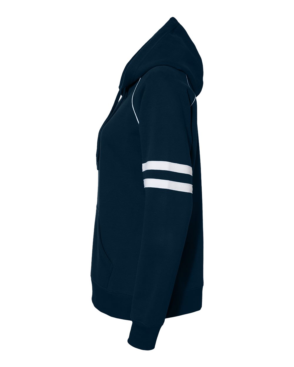 Left View of Navy Women's Varsity Fleece Piped Hooded Sweatshirt - 8645