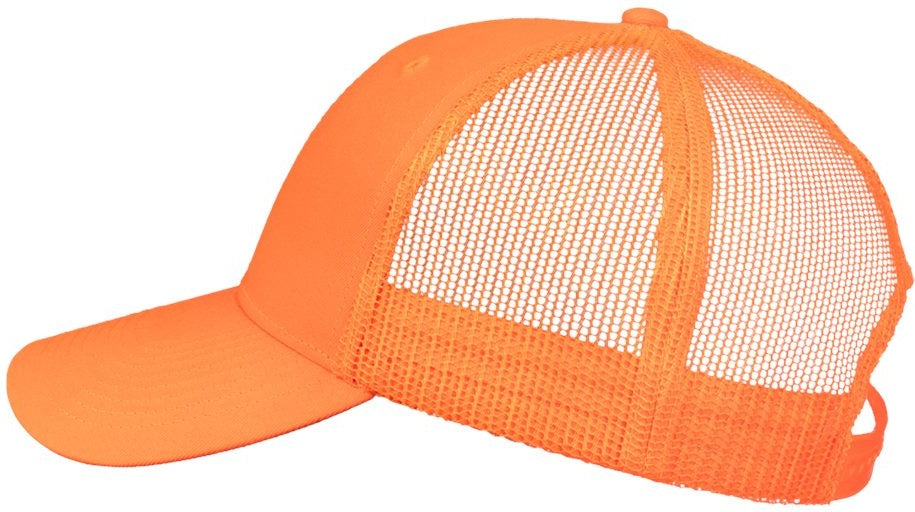 Left View of Neon Orange Mesh-Back Twill Trucker Cap - VC400