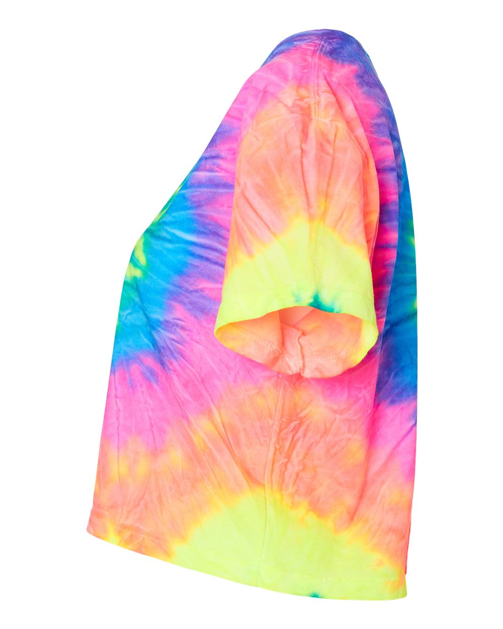 Left View of Neon Rainbow Women's Tie-Dyed Crop T-Shirt - 1050