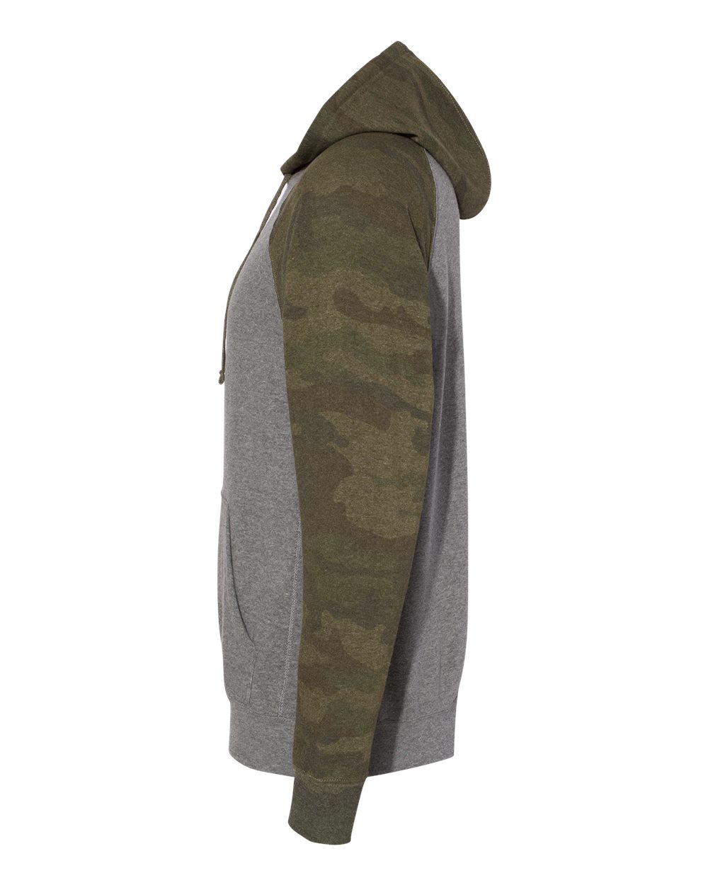 Left View of Nickel Heather/ Forest Camo Special Blend Raglan Hooded Sweatshirt - PRM33SBP