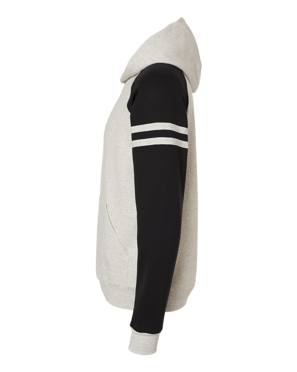 Left View of Oatmeal Heather/ Black Ink Nublend® Varsity Colorblocked Raglan Hooded Sweatshirt - 97CR