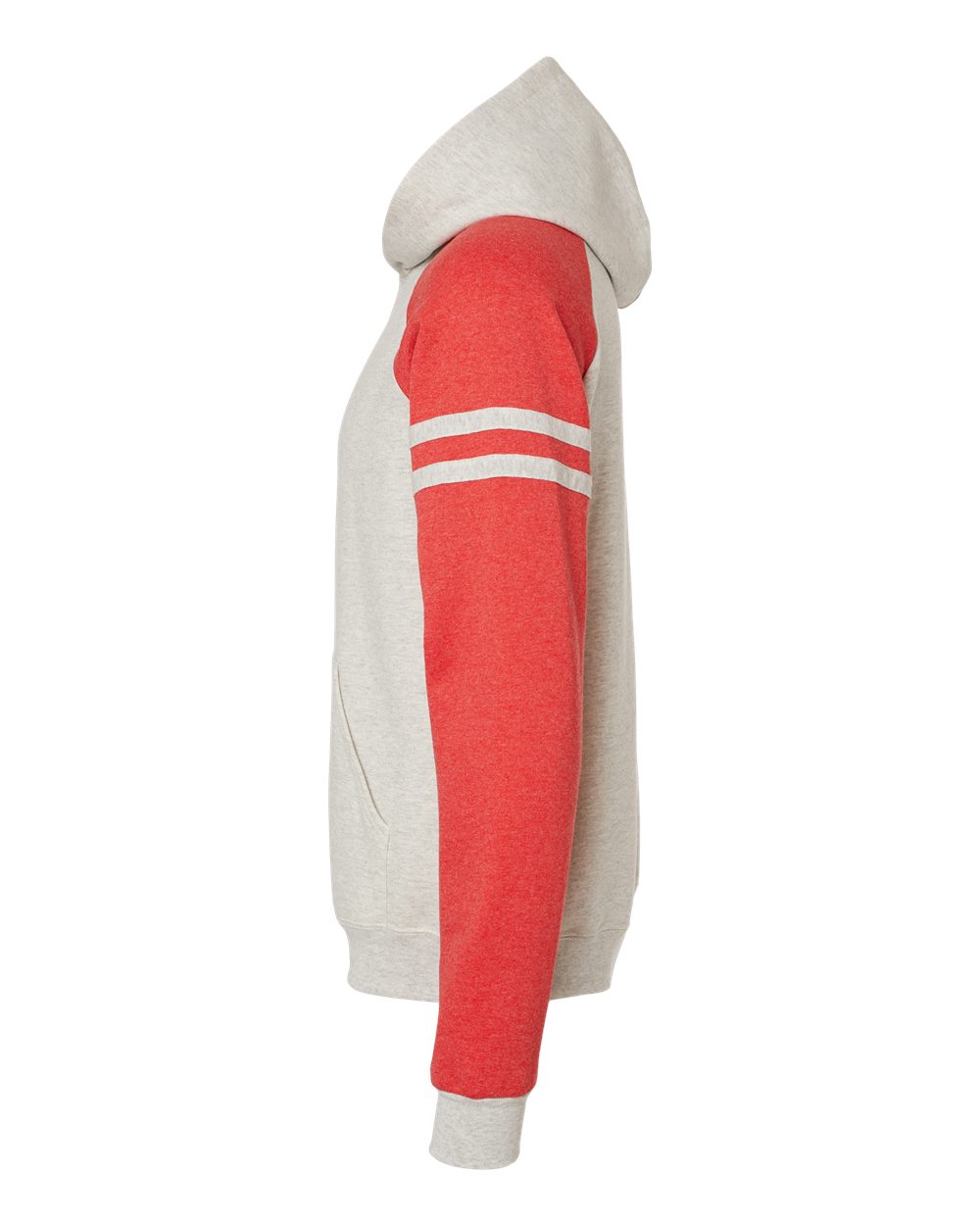 Left View of Oatmeal Heather/ Fiery Red Heather Nublend® Varsity Colorblocked Raglan Hooded Sweatshirt - 97CR
