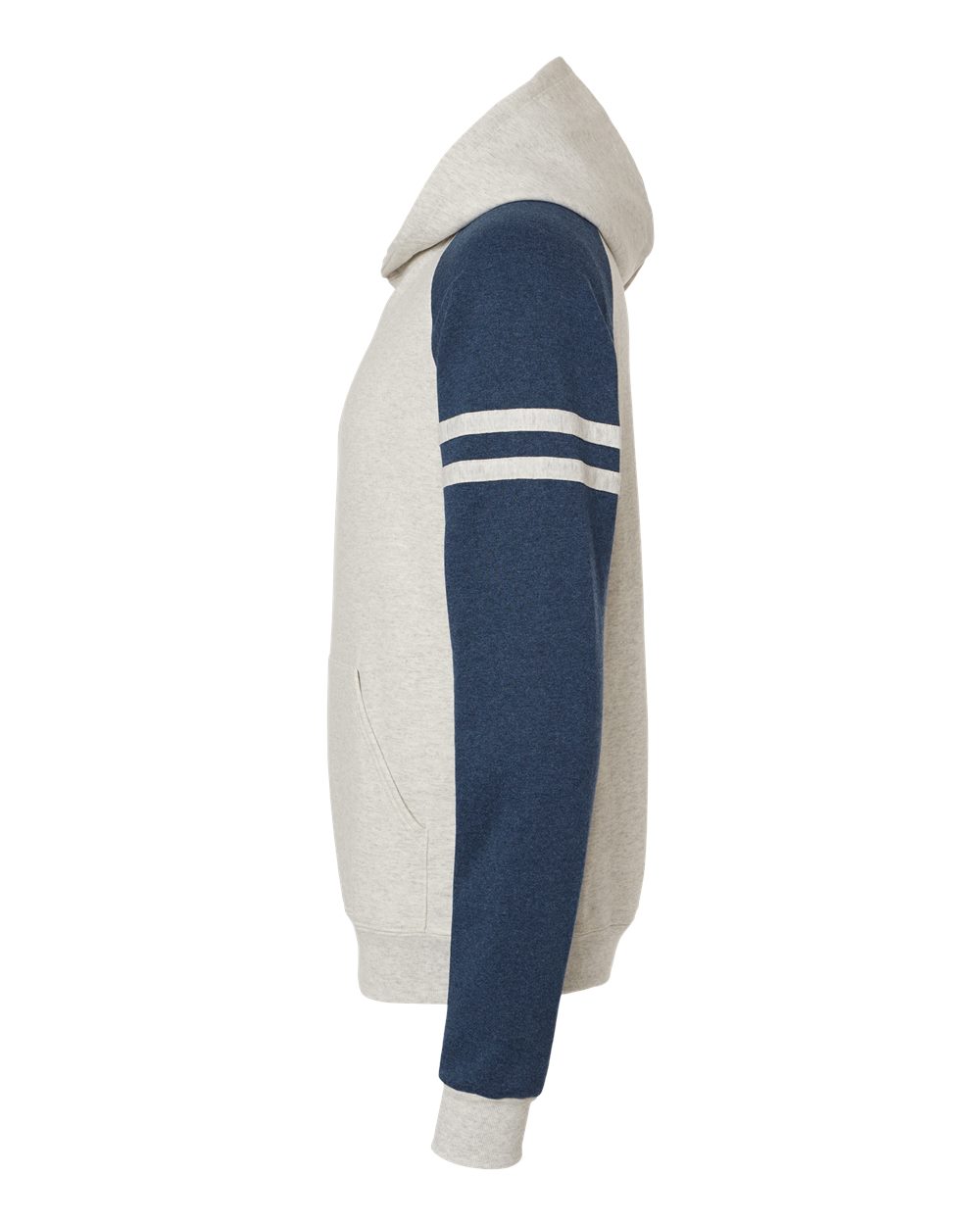 Left View of Oatmeal Heather/ Indigo Heather Nublend® Varsity Colorblocked Raglan Hooded Sweatshirt - 97CR