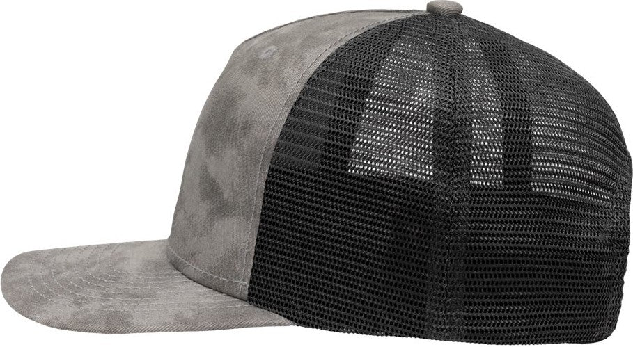 Left View of Old Wash Grey/ Black Modern Five-Panel Trucker Fit Cap - SP1550