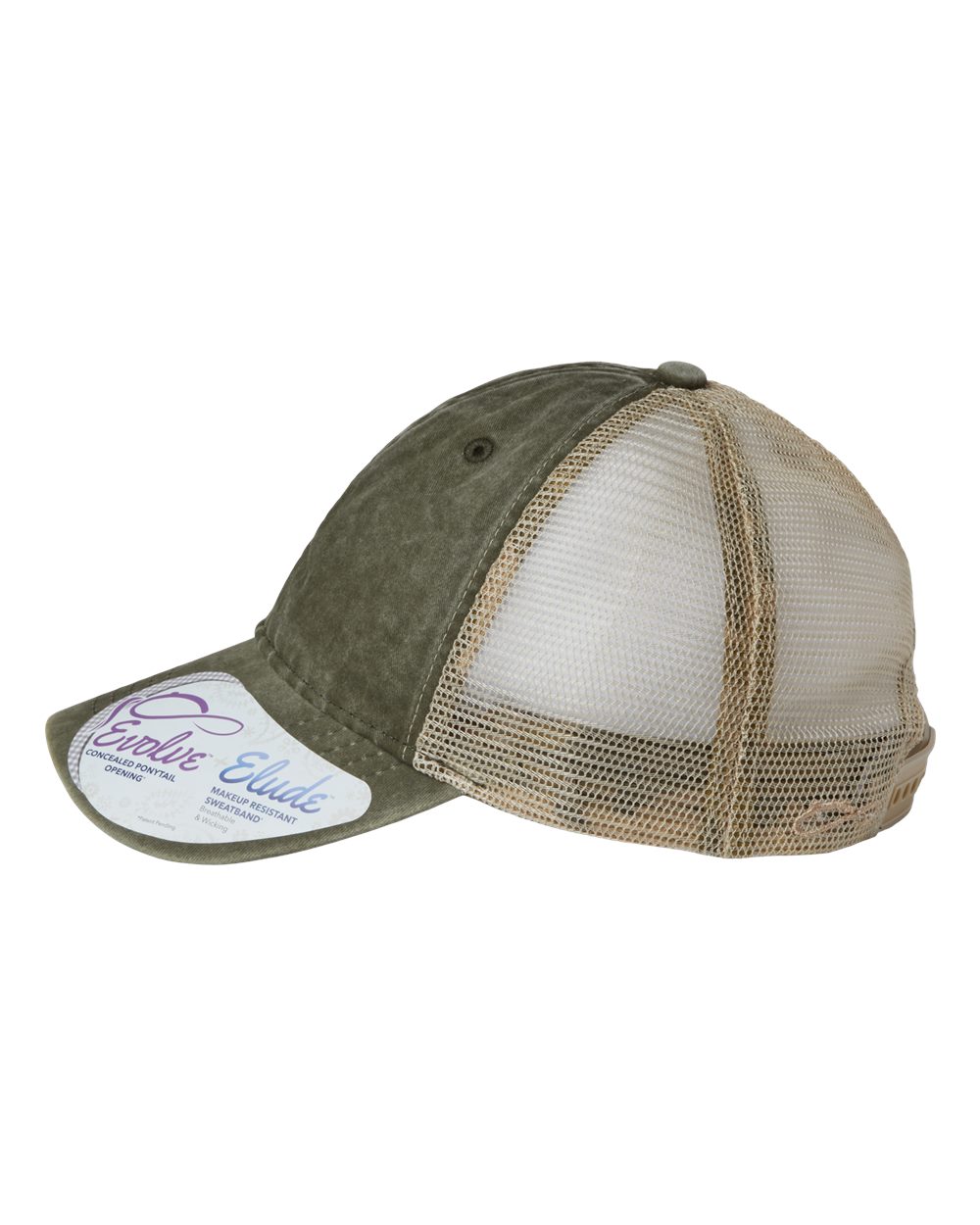 Left View of Olive/ Camo Women's Washed Mesh-Back Cap - TESS
