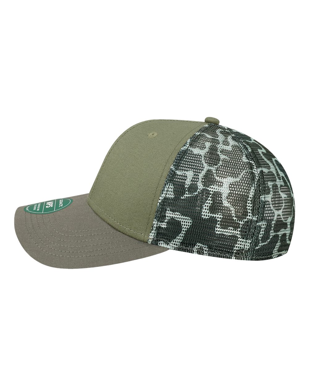 Left View of Olive/ Grey/ Grey Camo Mid-Pro Snapback Trucker Cap - MPS