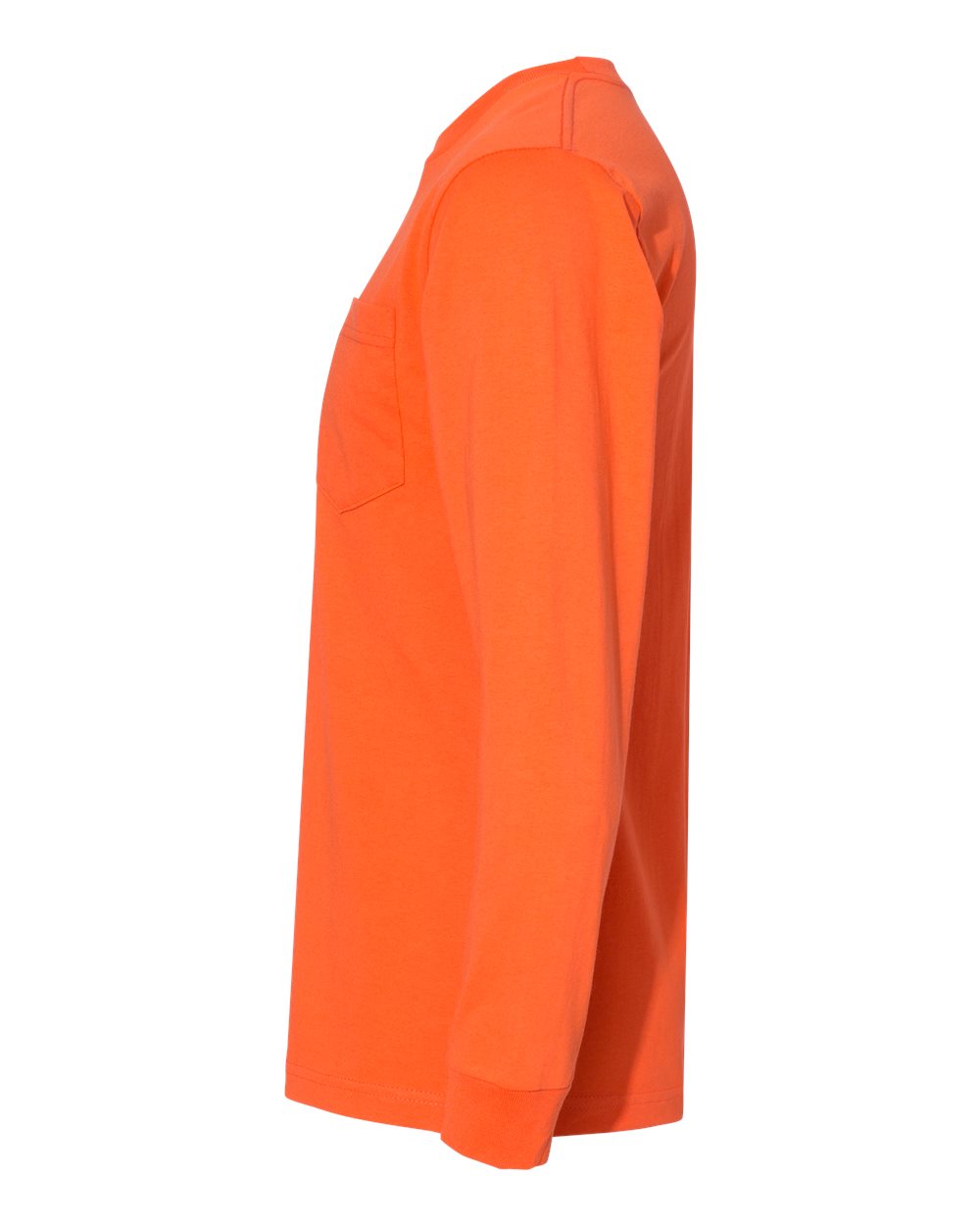 Left View of Orange USA-Made Long Sleeve Pocket T-Shirt - 8100