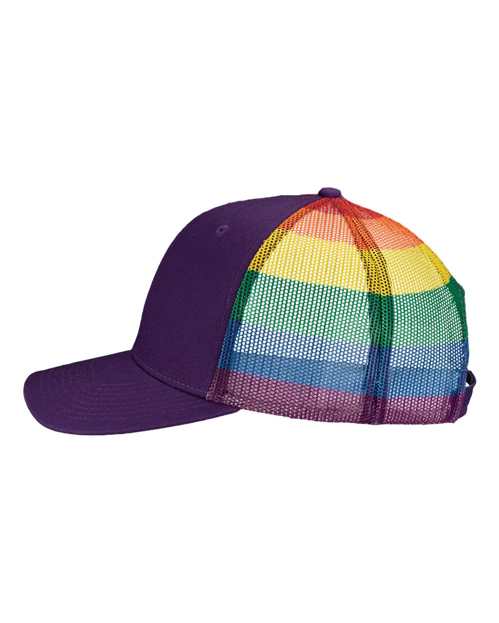 Left View of Purple/ Rainbow Printed Mesh Trucker Cap - S700M