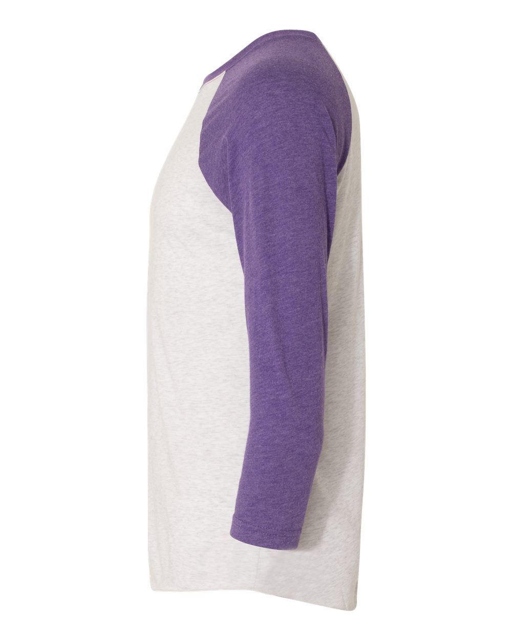 Left View of Purple Rush Sleeves/ Heather White Body Triblend Three-Quarter Raglan T-Shirt - 6051