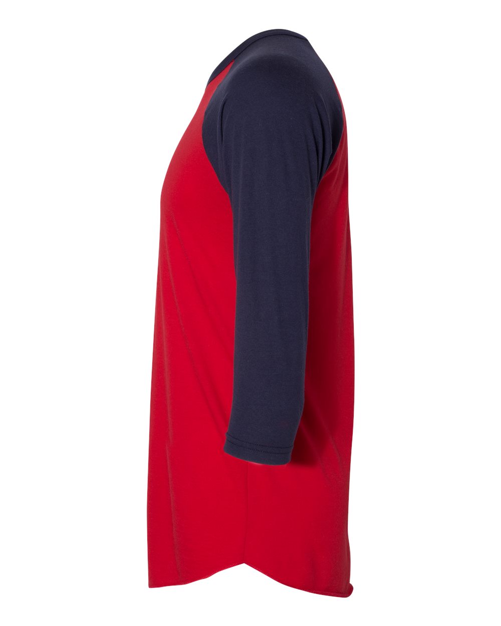 Left View of Red/ Navy 50/50 Raglan Three-Quarter Sleeve Tee - BB453W