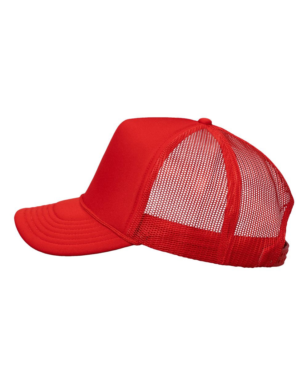 Left View of Red/ Red Foam Mesh-Back Trucker Cap - VC700