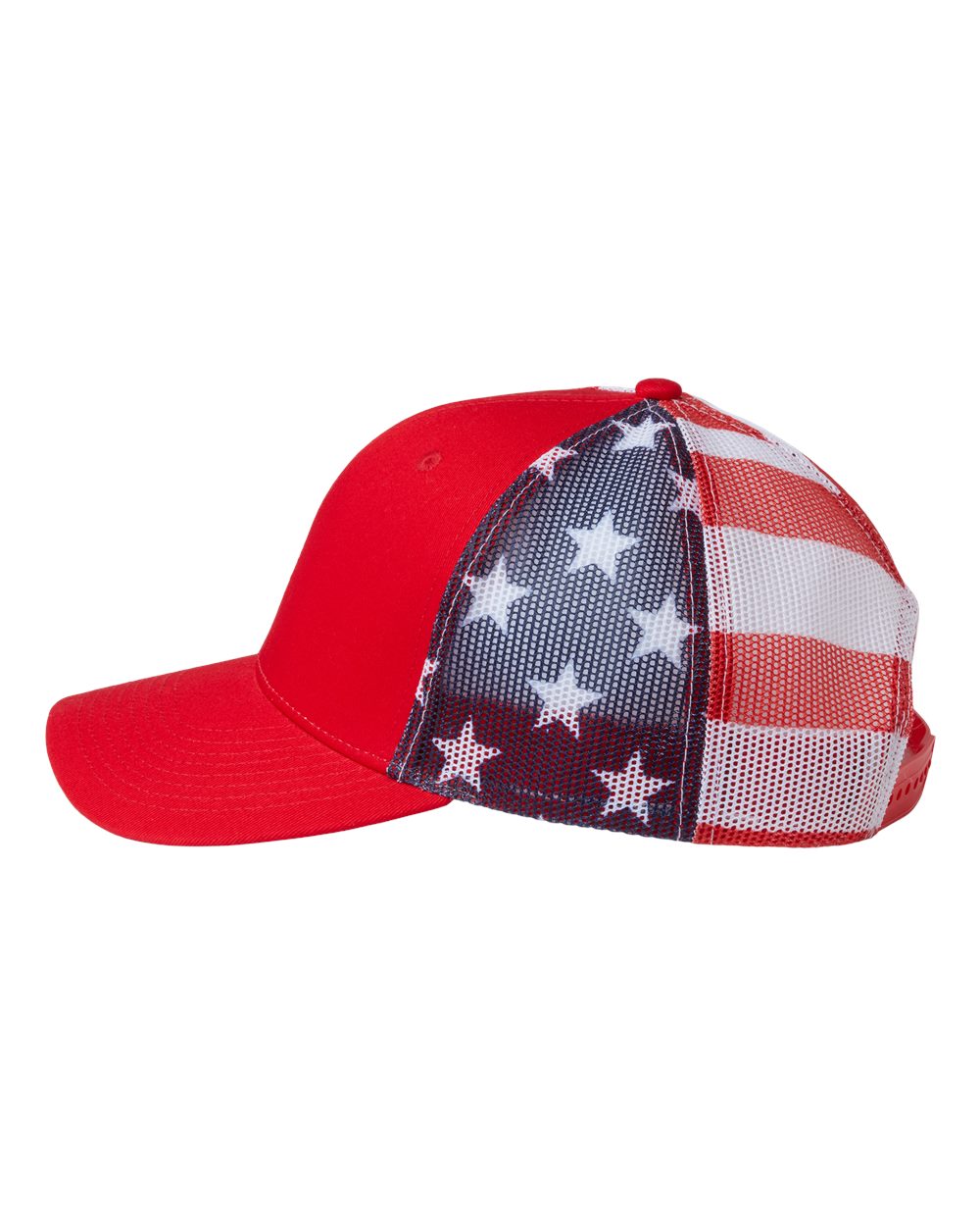 Left View of Red/ USA Flag Printed Mesh Trucker Cap - S700M