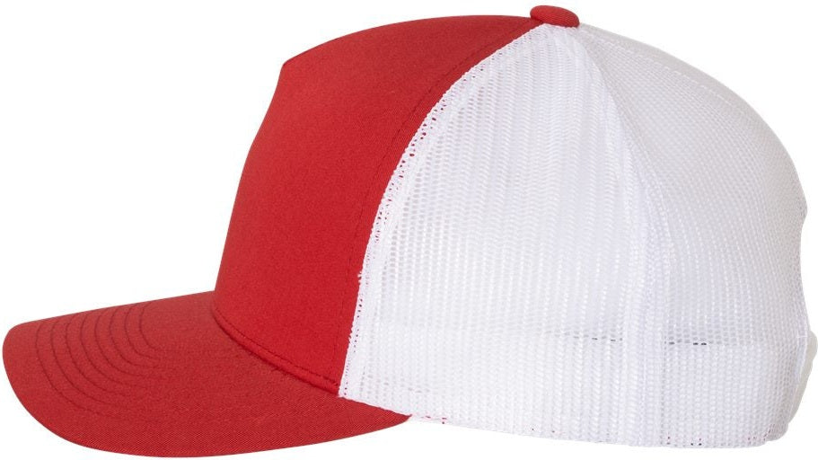Left View of Red/ White Five-Panel Retro Trucker Cap - 6506