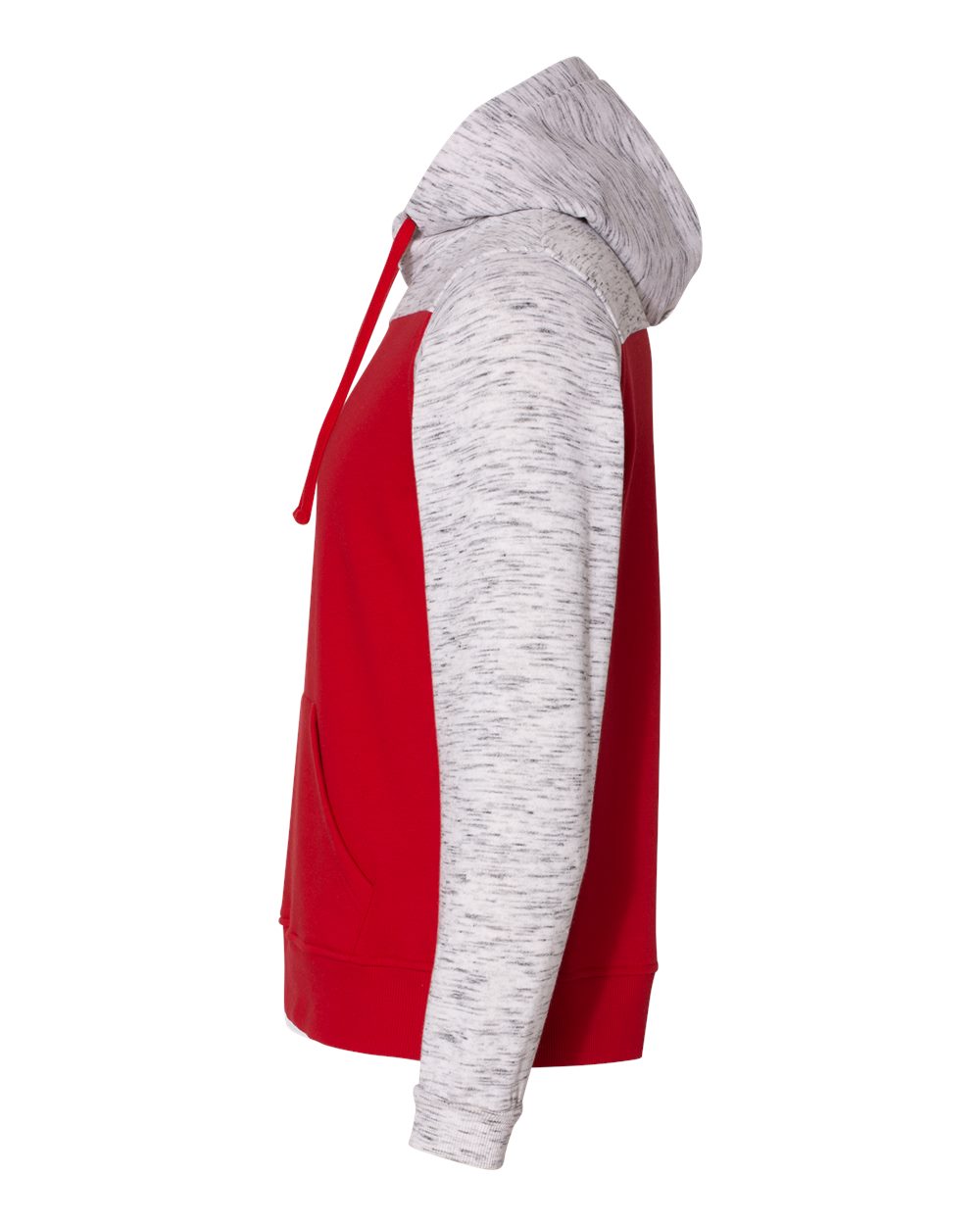 Left View of Red/ White Mélange Fleece Colorblocked Hooded Sweatshirt - 8676