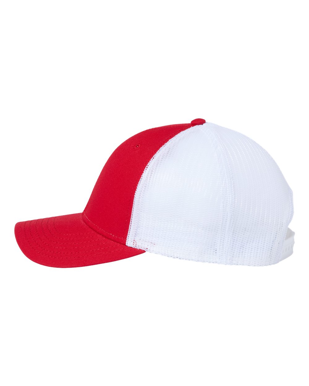 Left View of Red/ White Sustainable Recy Three Trucker Cap - RETH
