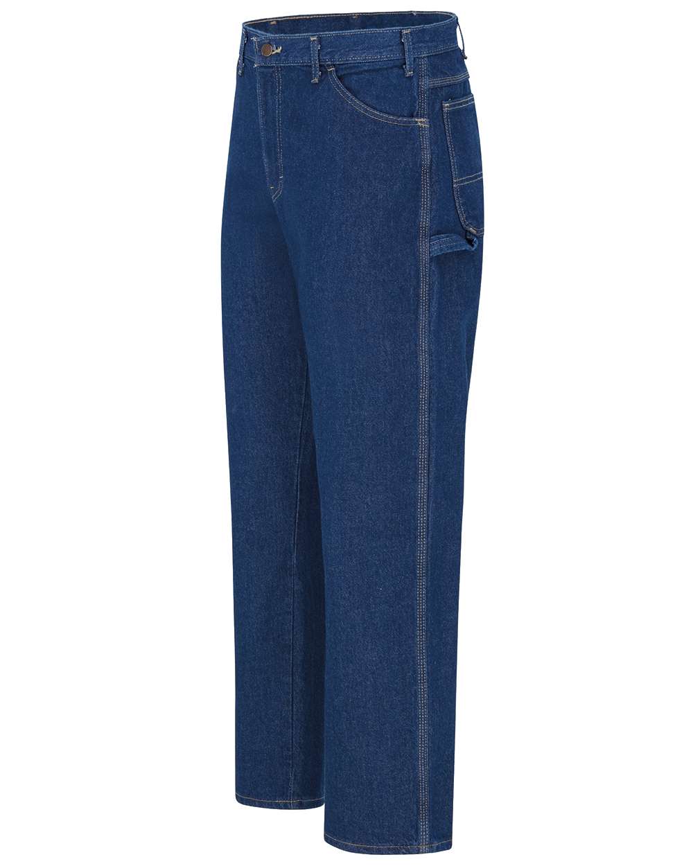 Left View of Rinsed Indigo Blue - 39 Unhemmed Industrial Carpenter Jeans - Extended Sizes - LU20EXT