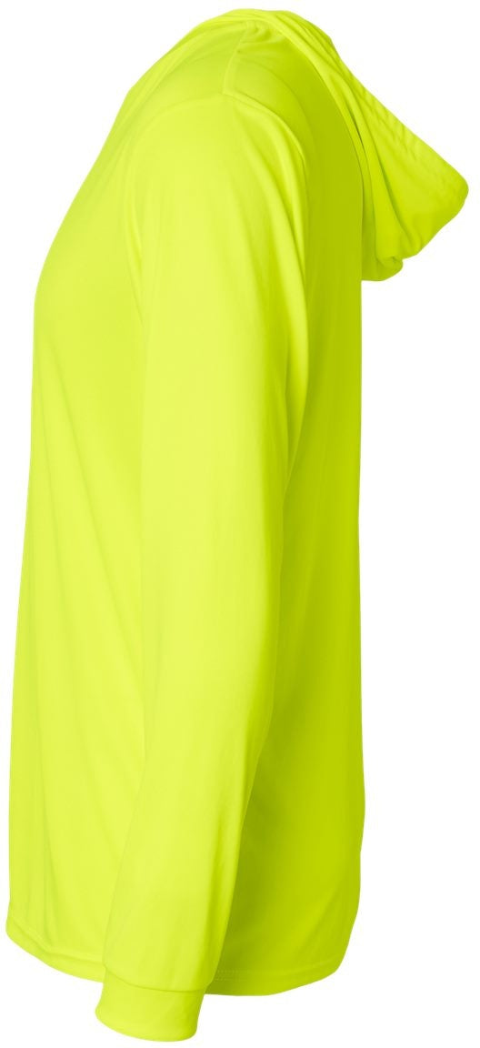 Left View of Safety Green Bahama Performance Hooded Long Sleeve T-Shirt - 220