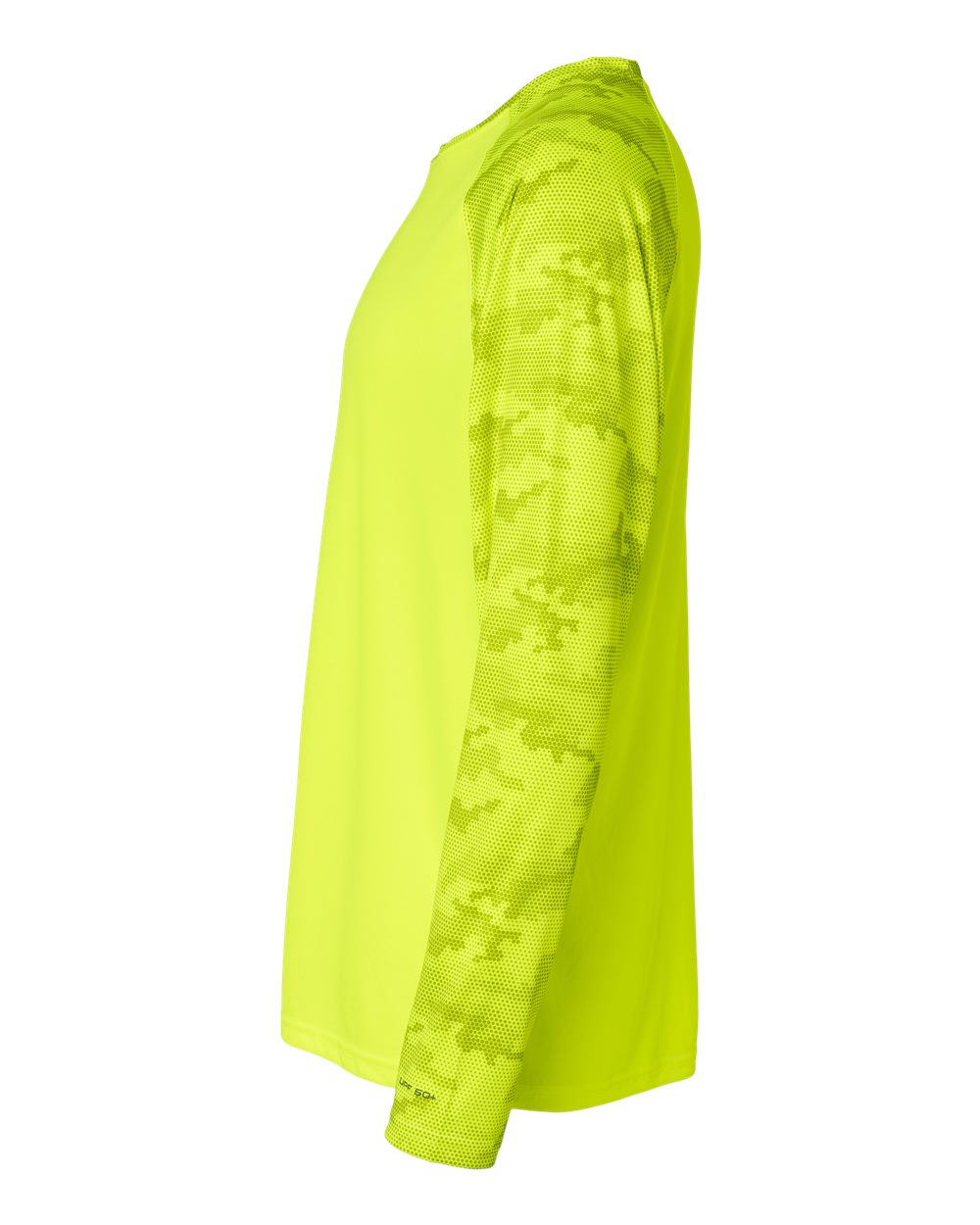 Left View of Safety Green Cayman Performance Camo Colorblocked Long Sleeve T-Shirt - 216