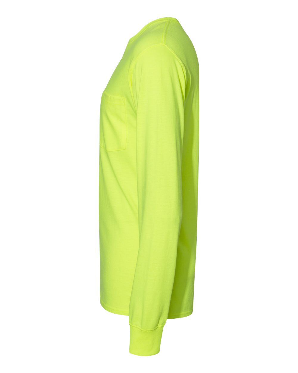 Left View of Safety Green Workwear Long Sleeve Pocket T-Shirt - W120