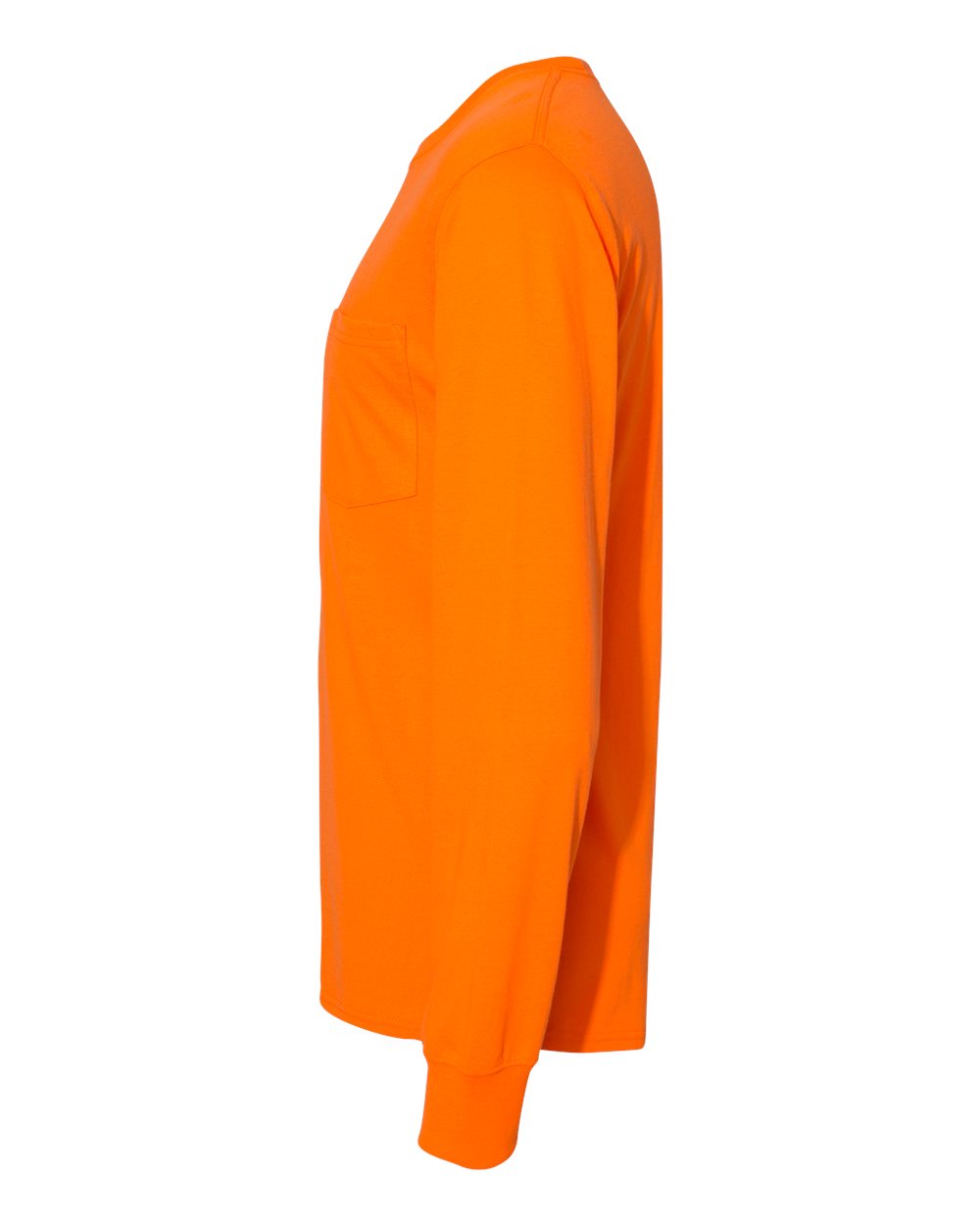 Left View of Safety Orange Workwear Long Sleeve Pocket T-Shirt - W120