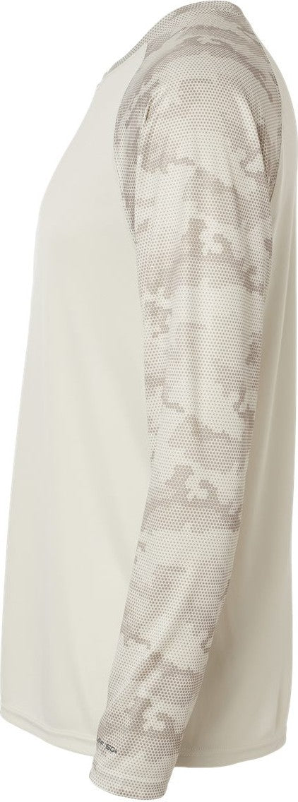 Left View of Sand Cayman Performance Camo Colorblocked Long Sleeve T-Shirt - 216