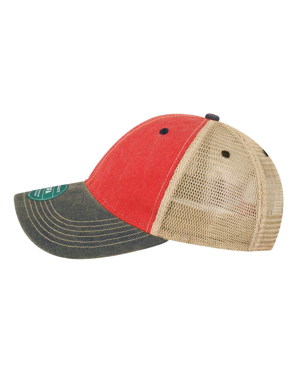 Left View of Scarlet Red/ Navy/ Khaki Old Favorite Trucker Cap - OFA