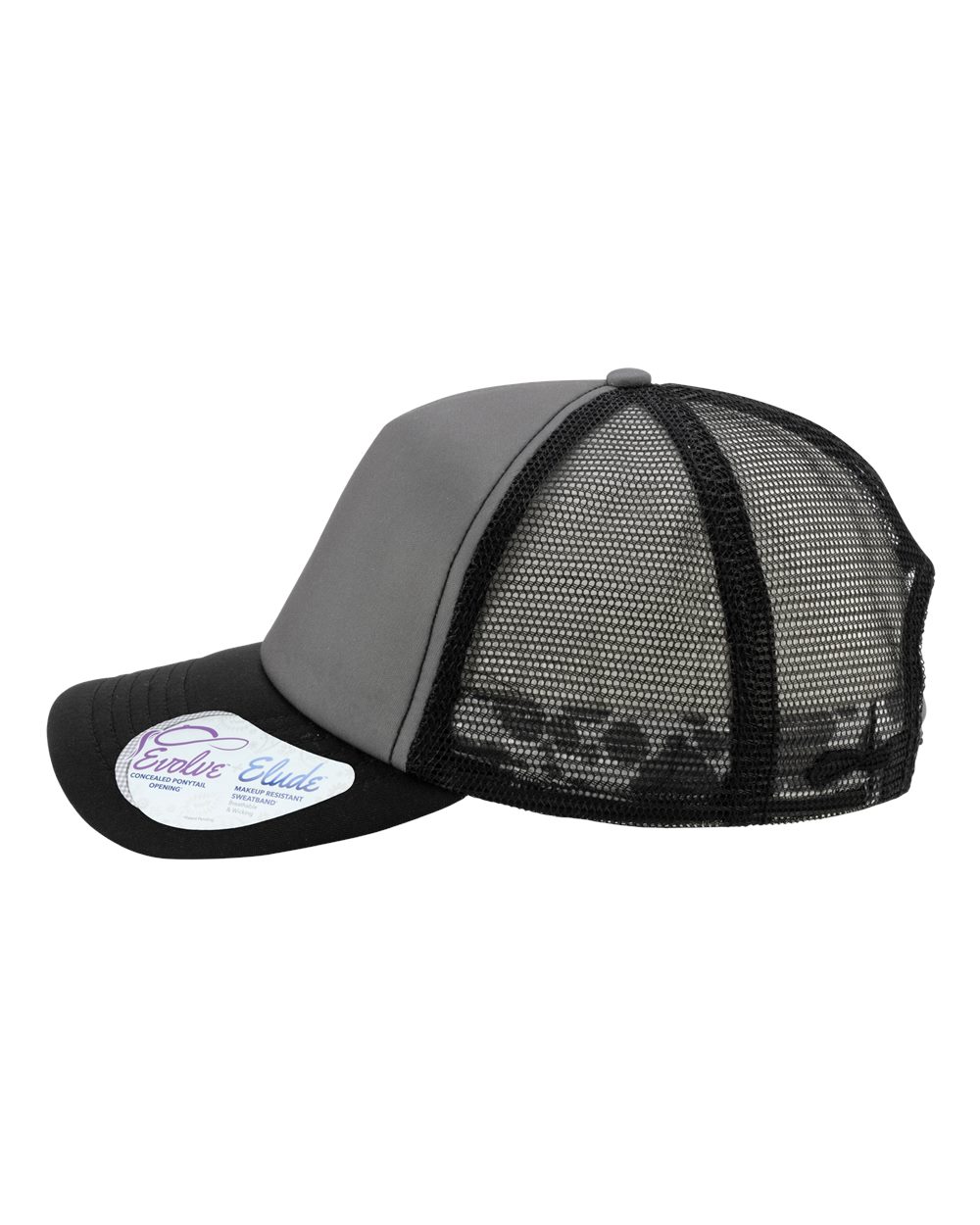 Left View of Slate/ Black/ Black/ Cow Women's Foam Trucker Cap - ROSIE