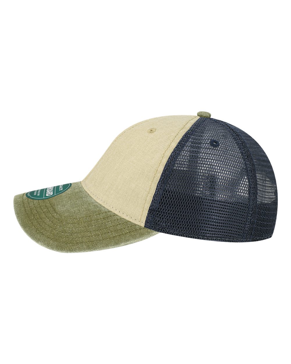 Left View of Stone/ Olive/ Navy Dashboard Trucker Cap - DTA