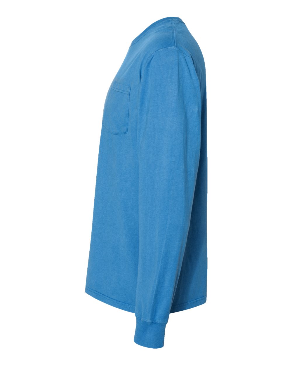 Left View of Summer Sky Blue Garment-Dyed Long Sleeve T-Shirt With a Pocket - GDH250