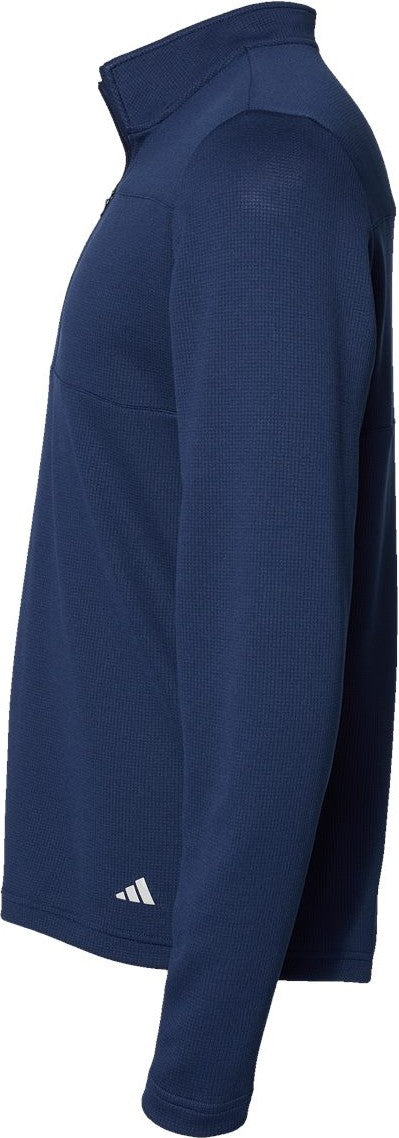 Left View of Team Navy Blue/ Grey Two 3-Stripes Double Knit Quarter-Zip Pullover - A482