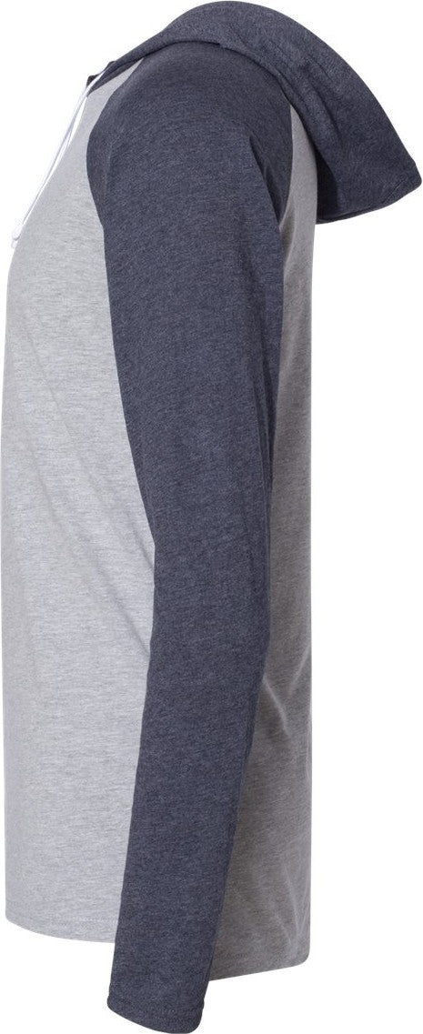Left View of Vintage Heather/ Vintage Navy/ White Fine Jersey Hooded Long Sleeve Raglan T-Shirt - 6917