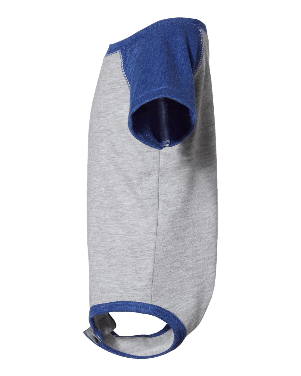 Left View of Vintage Heather/ Vintage Royal Infant Baseball Fine Jersey Bodysuit - 4430