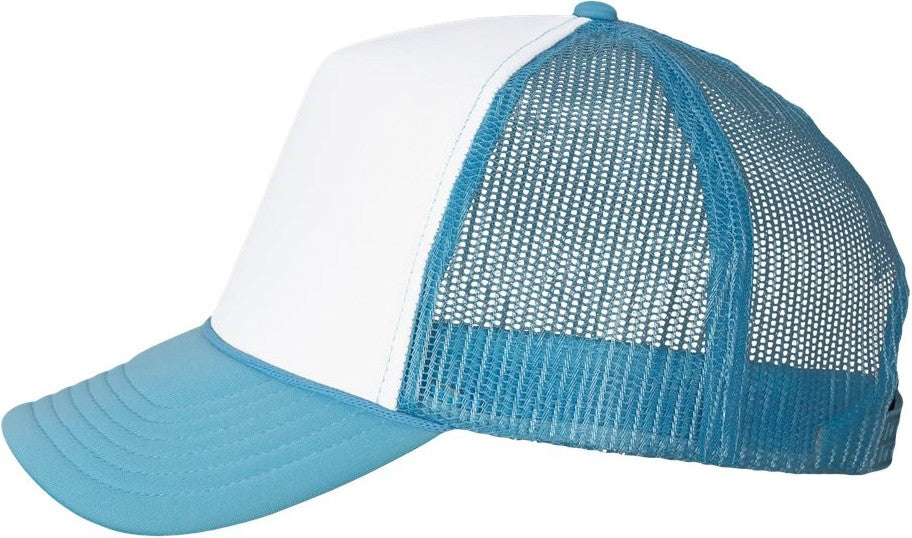 Left View of White/ Baby Blue Foam Mesh-Back Trucker Cap - VC700