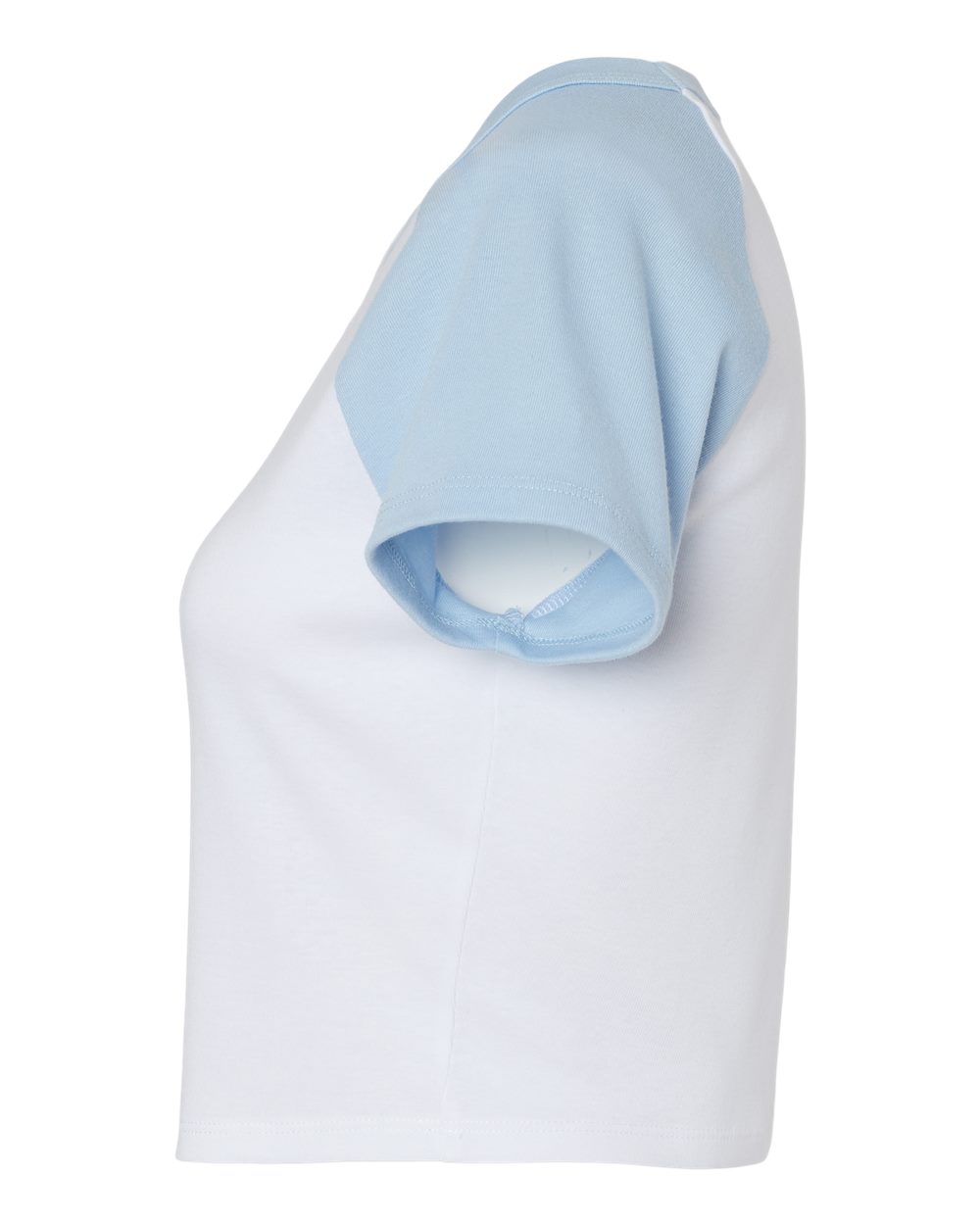 Left View of White/ Baby Blue Women's Micro Rib Raglan Baby Tee - 1201