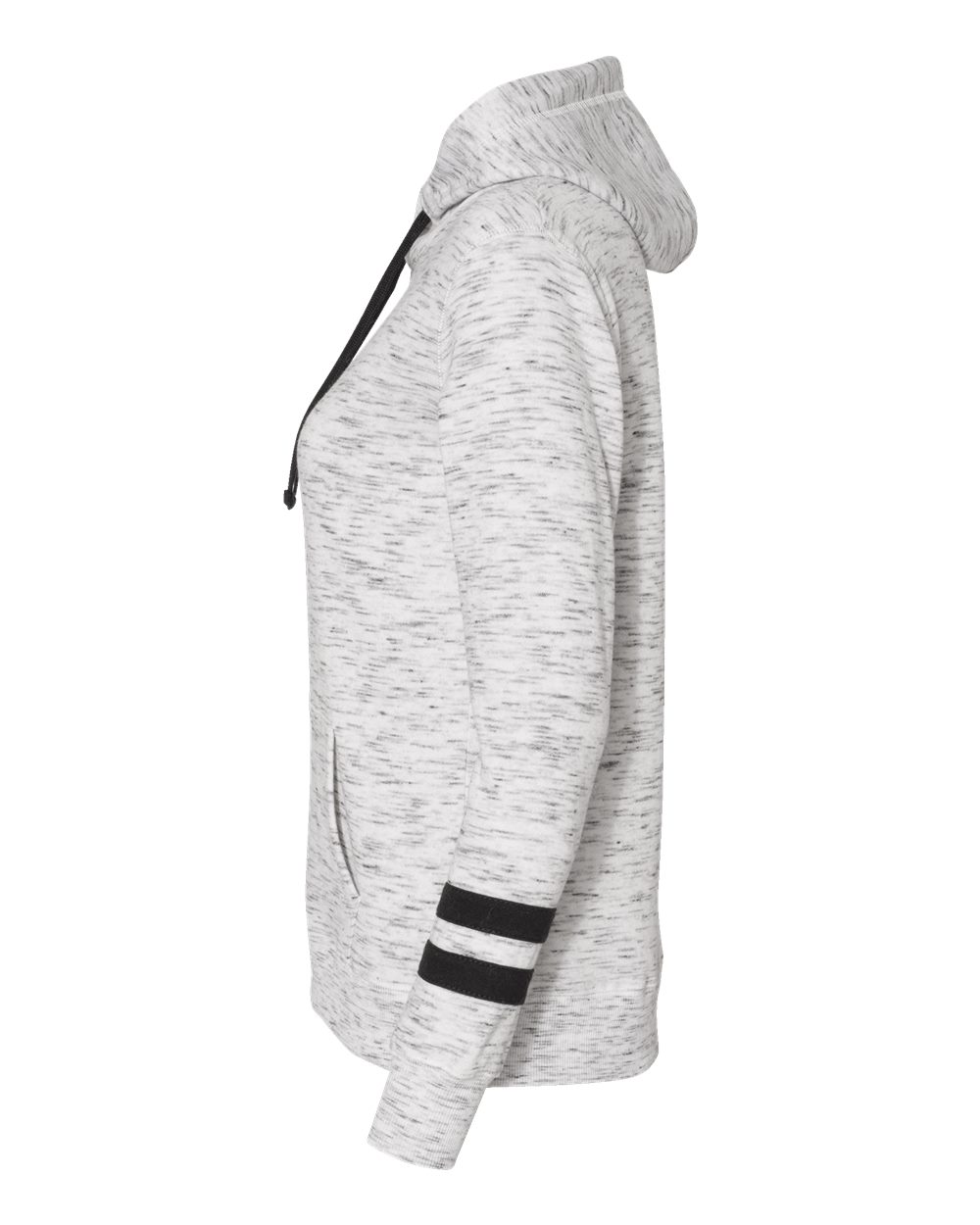 Left View of White/ Black Women’s Mélange Fleece Striped-Sleeve Hooded Sweatshirt - 8674