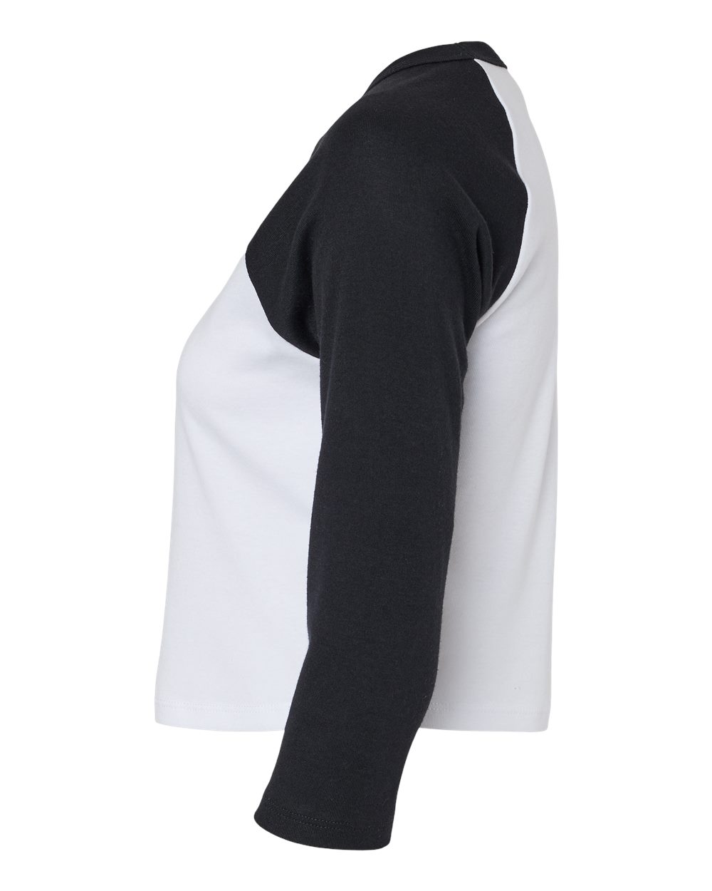 Left View of White/ Black Women's Micro Rib 3/4 Raglan Sleeve Baby Tee - 1200