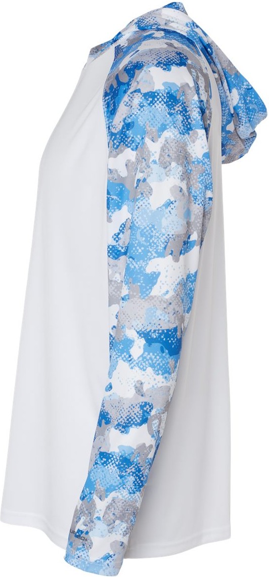 Left View of White/ Blue Mist Camo Tortuga Extreme Performance Hooded T-Shirt - 240