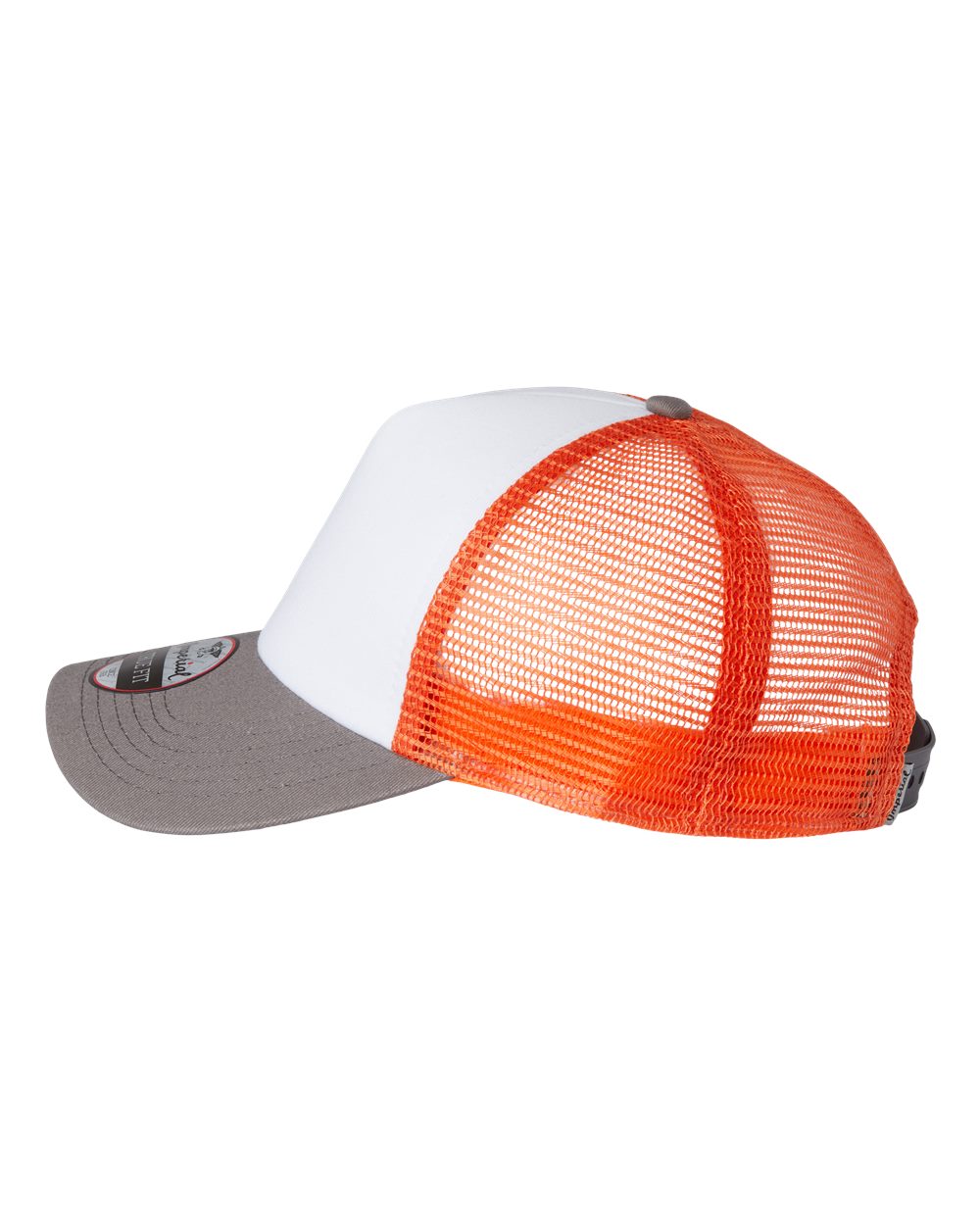 Left View of White/ Charcoal/ Orange North Country Trucker Cap - 1287