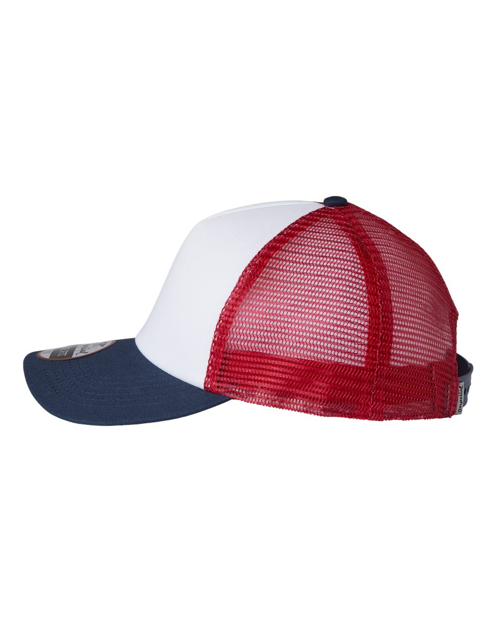 Left View of White/ Imperial Navy/ Red North Country Trucker Cap - 1287