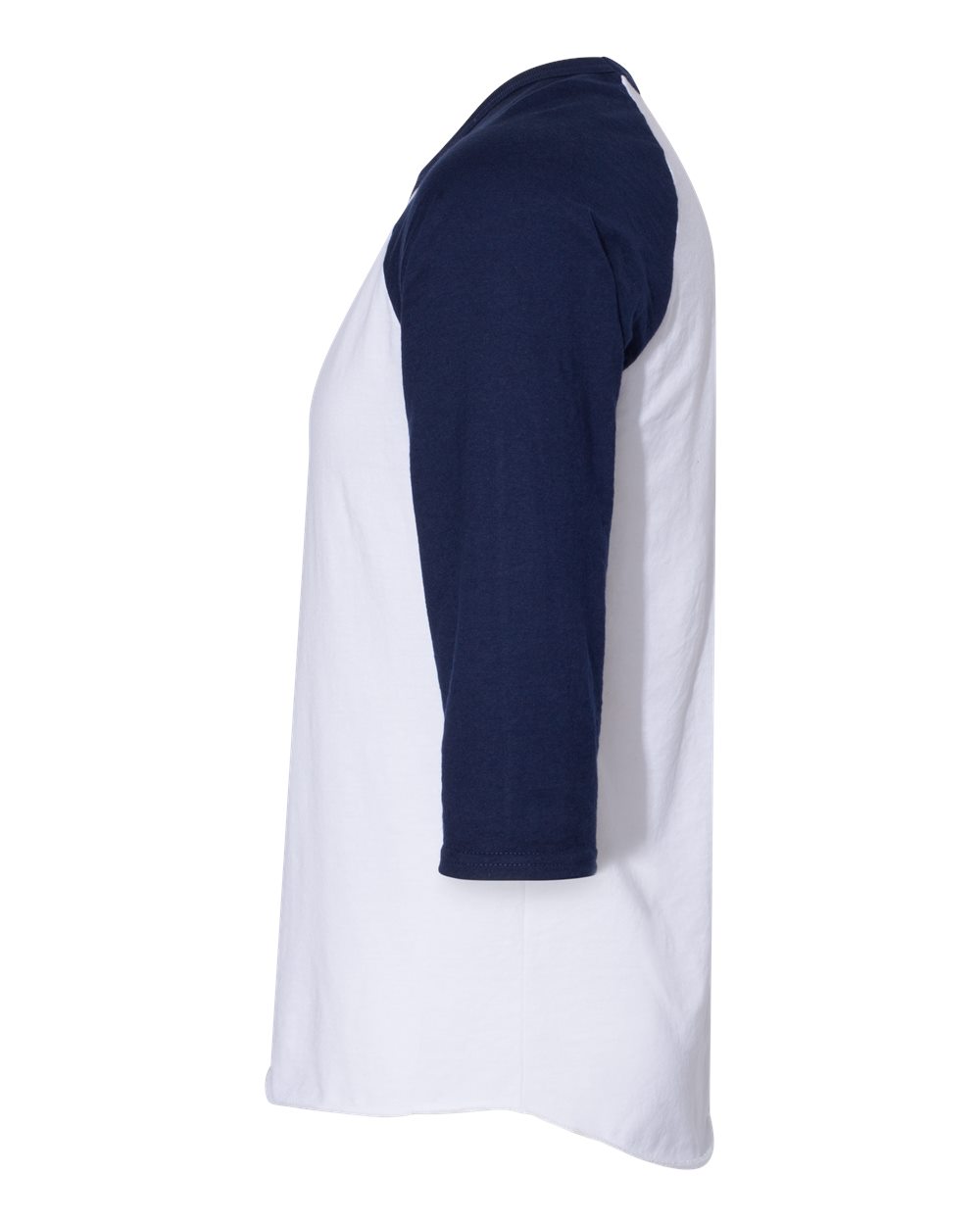 Left View of White/ J. Navy Premium Blend Ringspun Three-Quarter Sleeve Raglan Baseball T-Shirt - 560RR