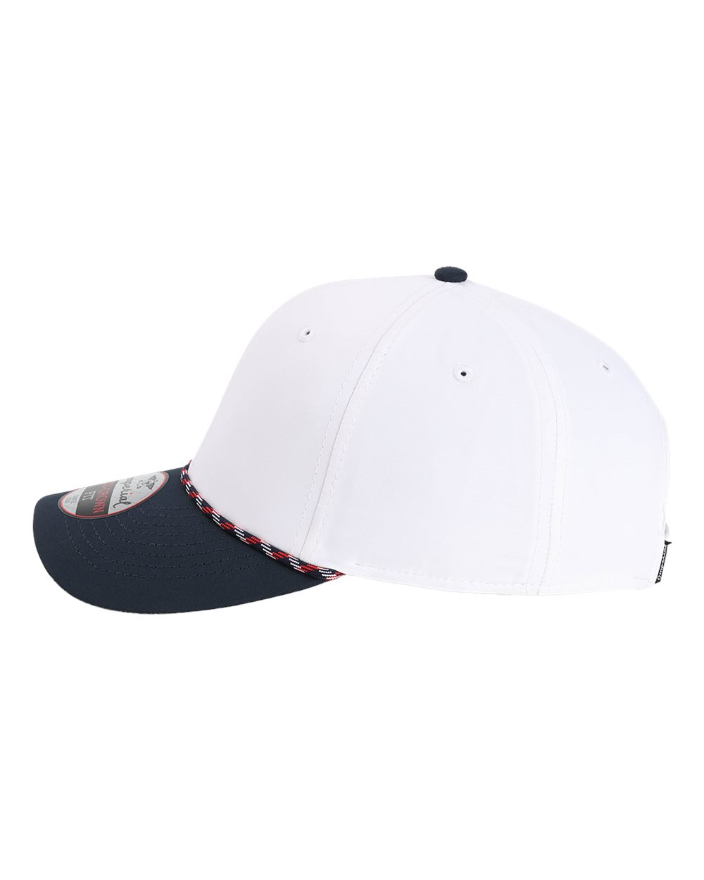 Left View of White/ Navy/ Navy/ Red/ White The Wingman Cap - 7054