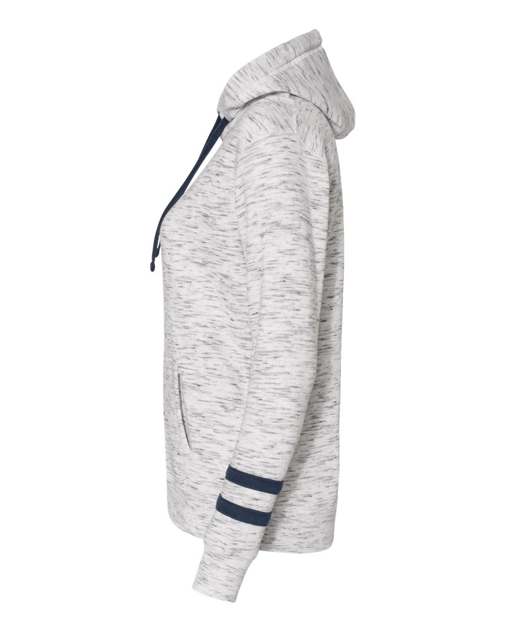 Left View of White/ Navy Women’s Mélange Fleece Striped-Sleeve Hooded Sweatshirt - 8674