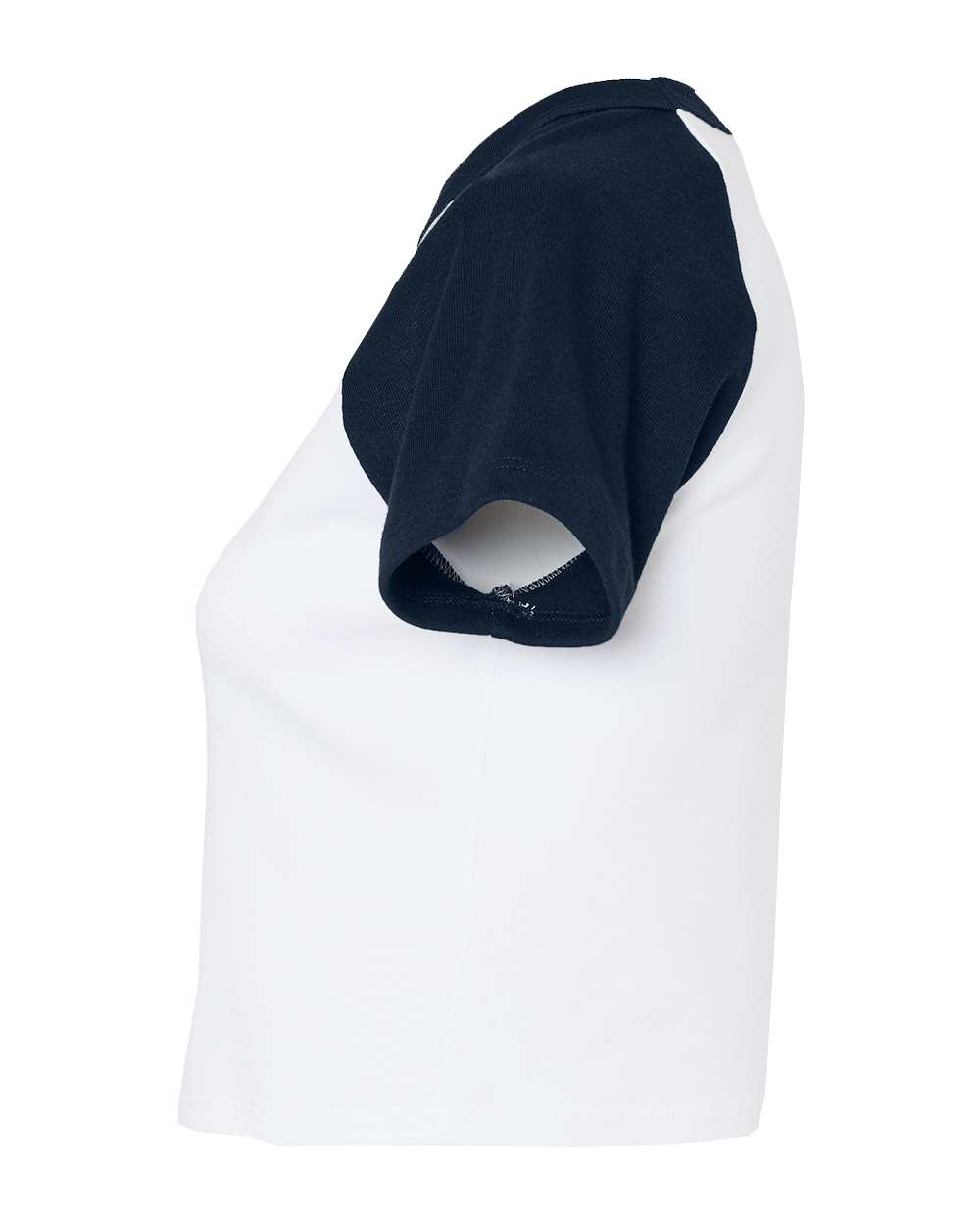 Left View of White/ Navy Women's Micro Rib Raglan Baby Tee - 1201