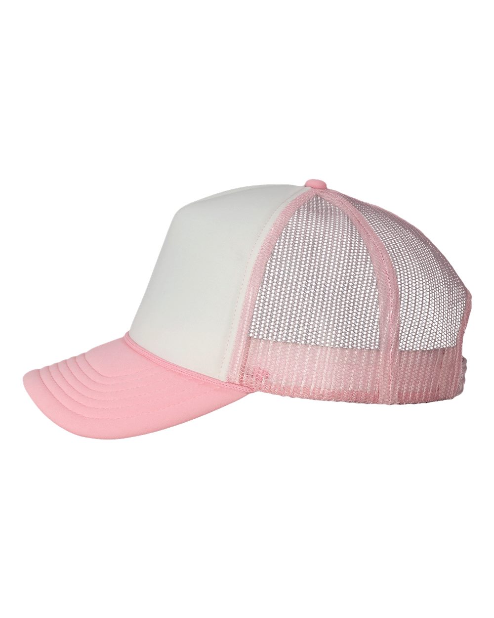 Left View of White/ Pink Foam Mesh-Back Trucker Cap - VC700