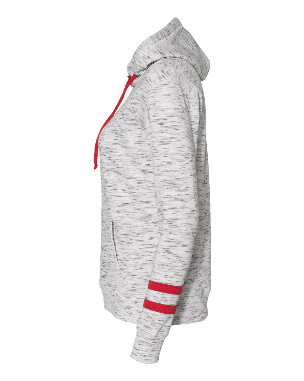 Left View of White/ Red Women’s Mélange Fleece Striped-Sleeve Hooded Sweatshirt - 8674