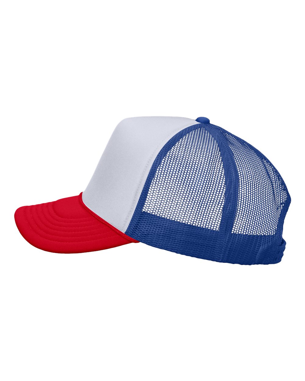 Left View of White/ Royal/ Red Foam Mesh-Back Trucker Cap - VC700